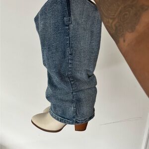 Blue Denim Knee-High Boots with White Heel